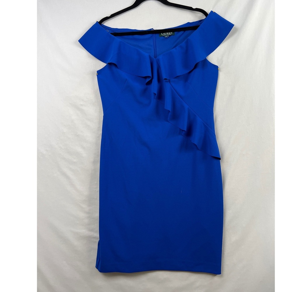 LRL Ralph Lauren Dress Womens 10 Blue Ruffle Off Shoulder Cocktail Sheath